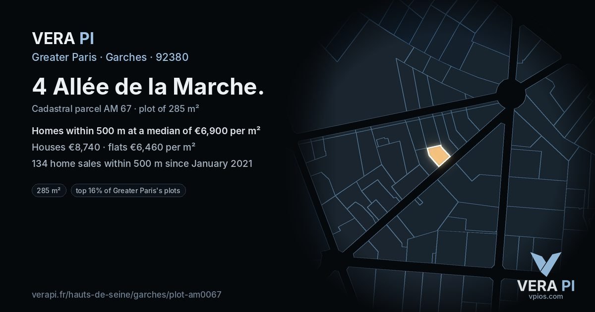4 Allée de la Marche, Garches at night – the plot lit, the parcels around coloured by the prices near them
