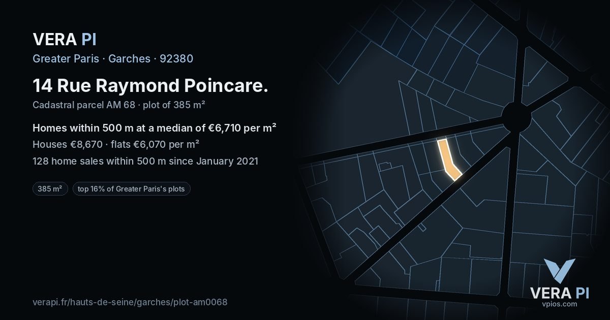 14 Rue Raymond Poincare, Garches at night – the plot lit, the parcels around coloured by the prices near them