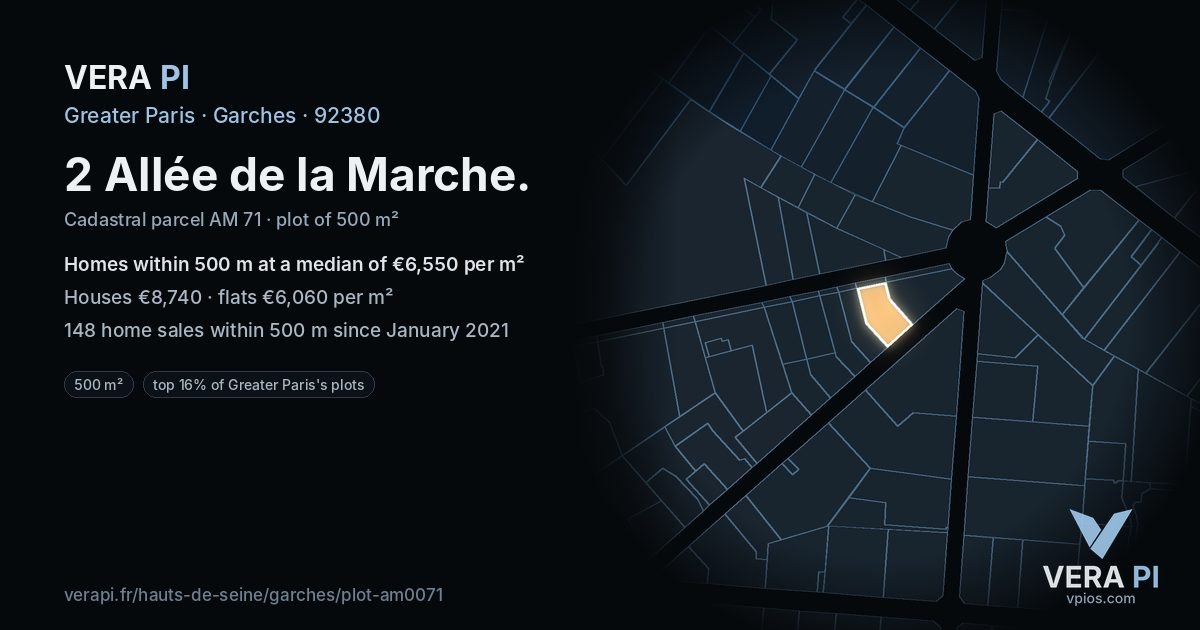 2 Allée de la Marche, Garches at night – the plot lit, the parcels around coloured by the prices near them