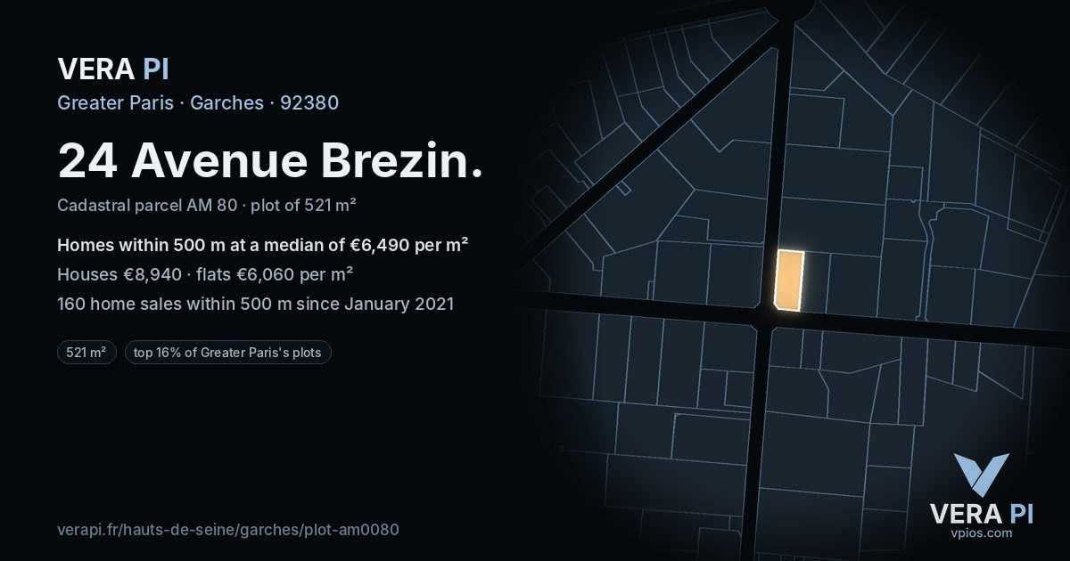 24 Avenue Brezin, Garches at night – the plot lit, the parcels around coloured by the prices near them