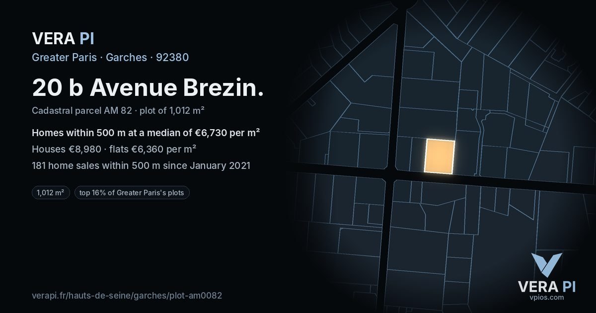 20 b Avenue Brezin, Garches at night – the plot lit, the parcels around coloured by the prices near them