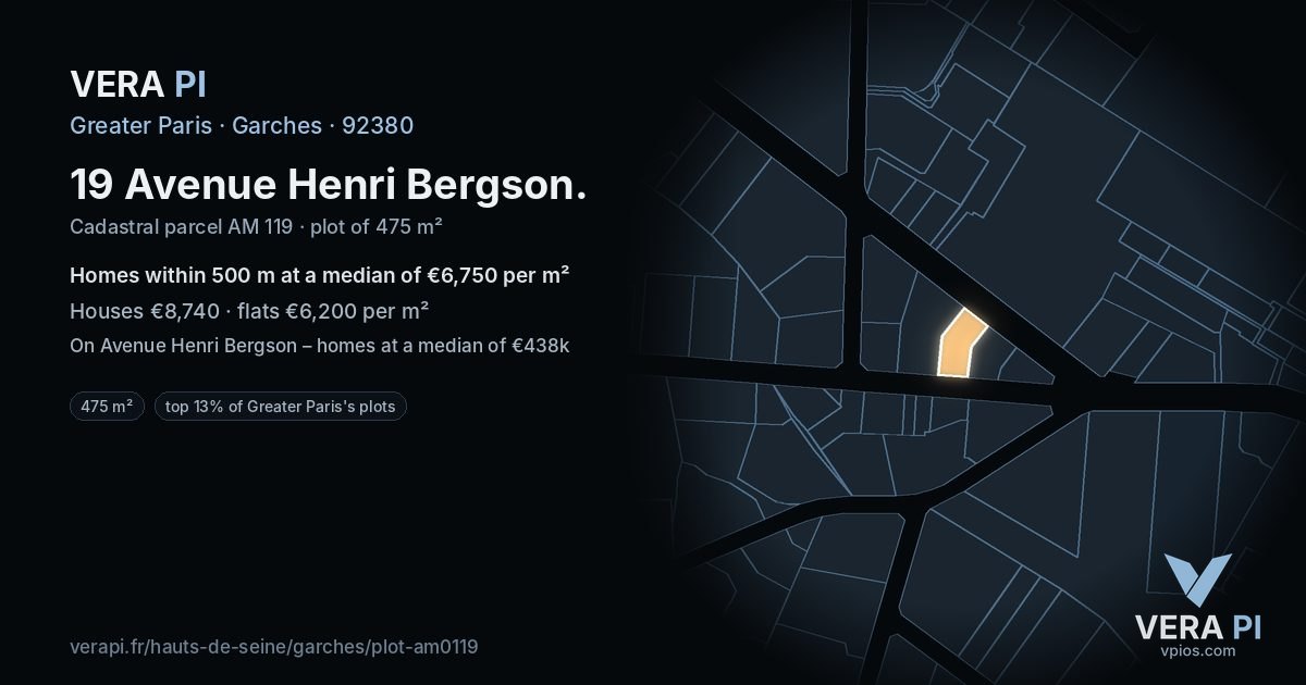 19 Avenue Henri Bergson, Garches at night – the plot lit, the parcels around coloured by the prices near them