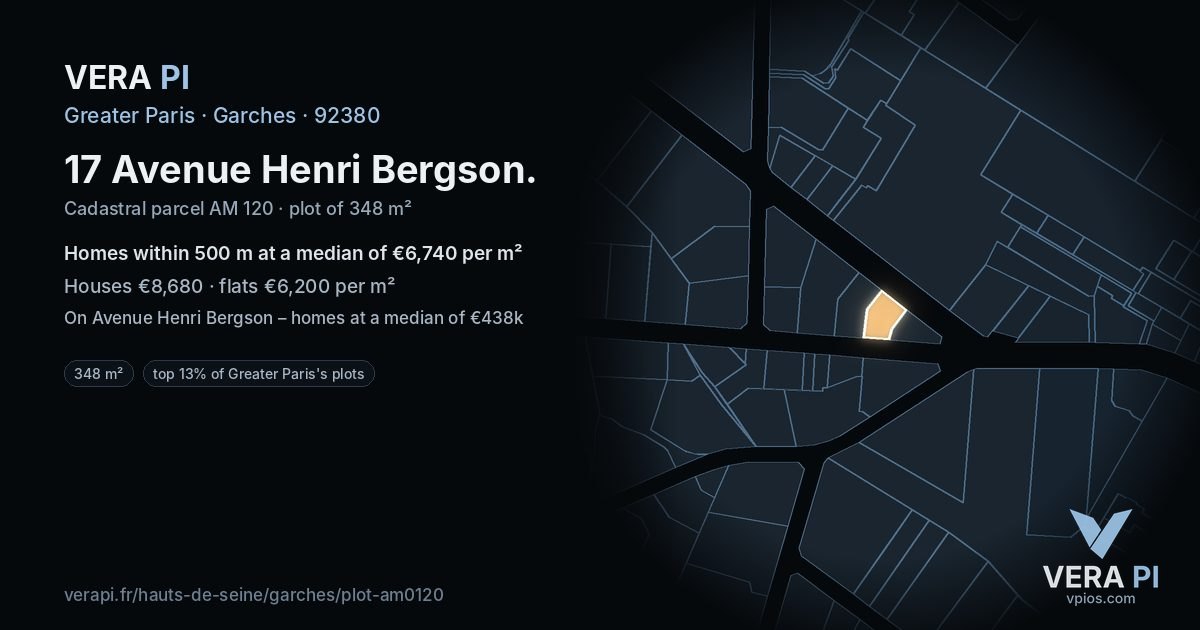 17 Avenue Henri Bergson, Garches at night – the plot lit, the parcels around coloured by the prices near them