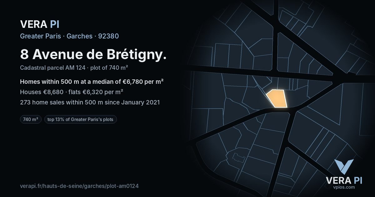 8 Avenue de Brétigny, Garches at night – the plot lit, the parcels around coloured by the prices near them