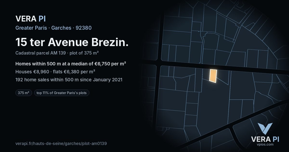 15 ter Avenue Brezin, Garches at night – the plot lit, the parcels around coloured by the prices near them