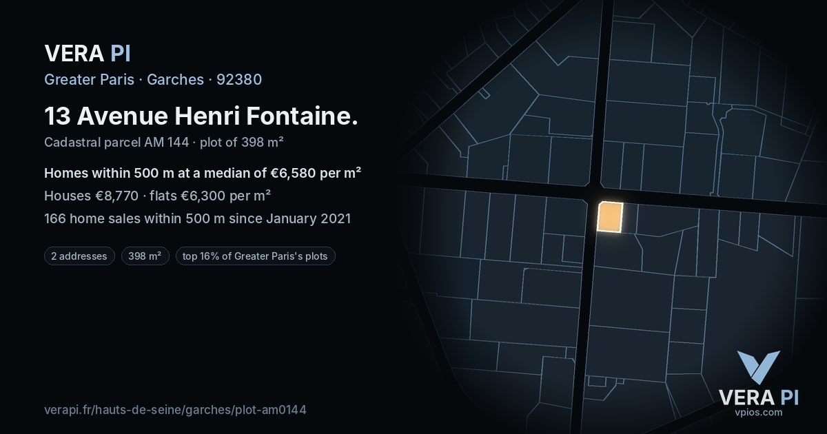 13 Avenue Henri Fontaine, Garches at night – the plot lit, the parcels around coloured by the prices near them