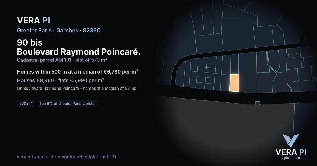 90 bis Boulevard Raymond Poincaré, Garches at night – the plot lit, the parcels around coloured by the prices near them