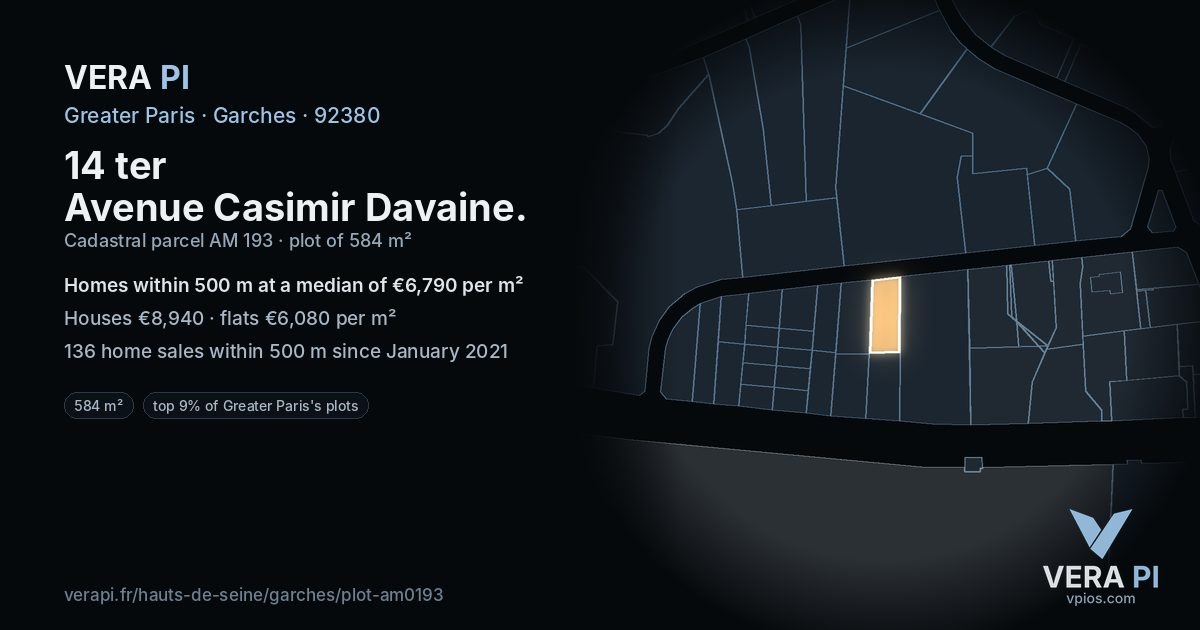 14 ter Avenue Casimir Davaine, Garches at night – the plot lit, the parcels around coloured by the prices near them