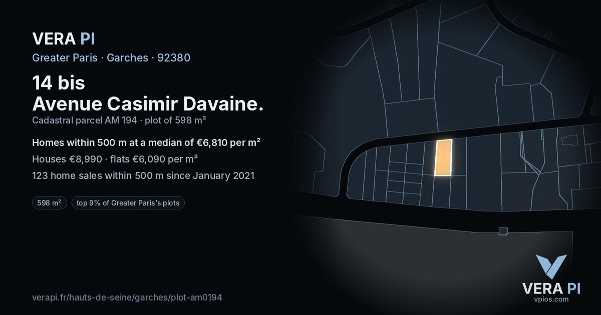 14 bis Avenue Casimir Davaine, Garches at night – the plot lit, the parcels around coloured by the prices near them