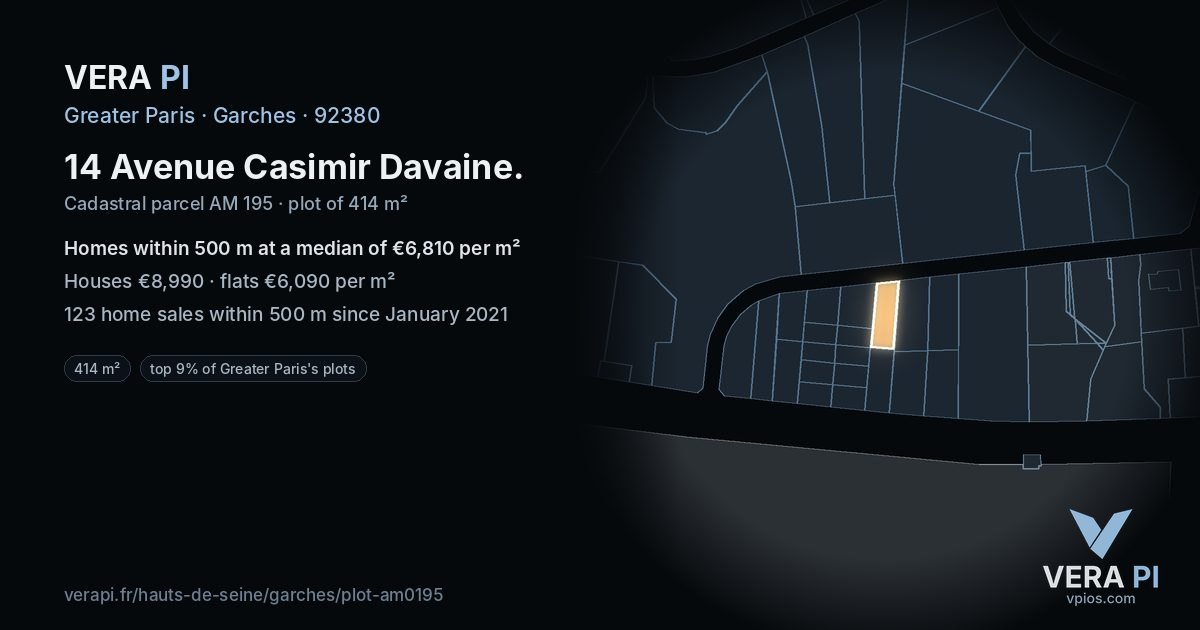 14 Avenue Casimir Davaine, Garches at night – the plot lit, the parcels around coloured by the prices near them