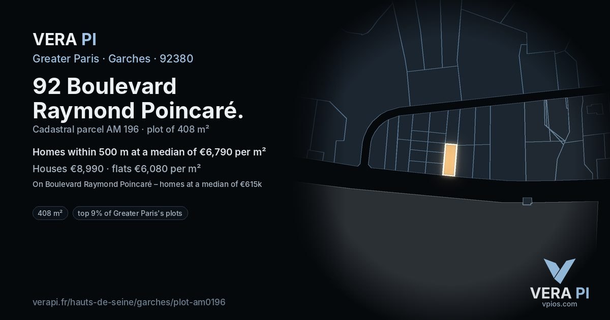 92 Boulevard Raymond Poincaré, Garches at night – the plot lit, the parcels around coloured by the prices near them