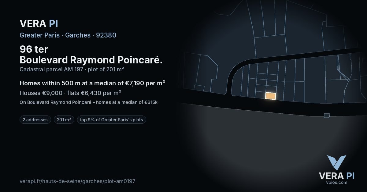 96 ter Boulevard Raymond Poincaré, Garches at night – the plot lit, the parcels around coloured by the prices near them