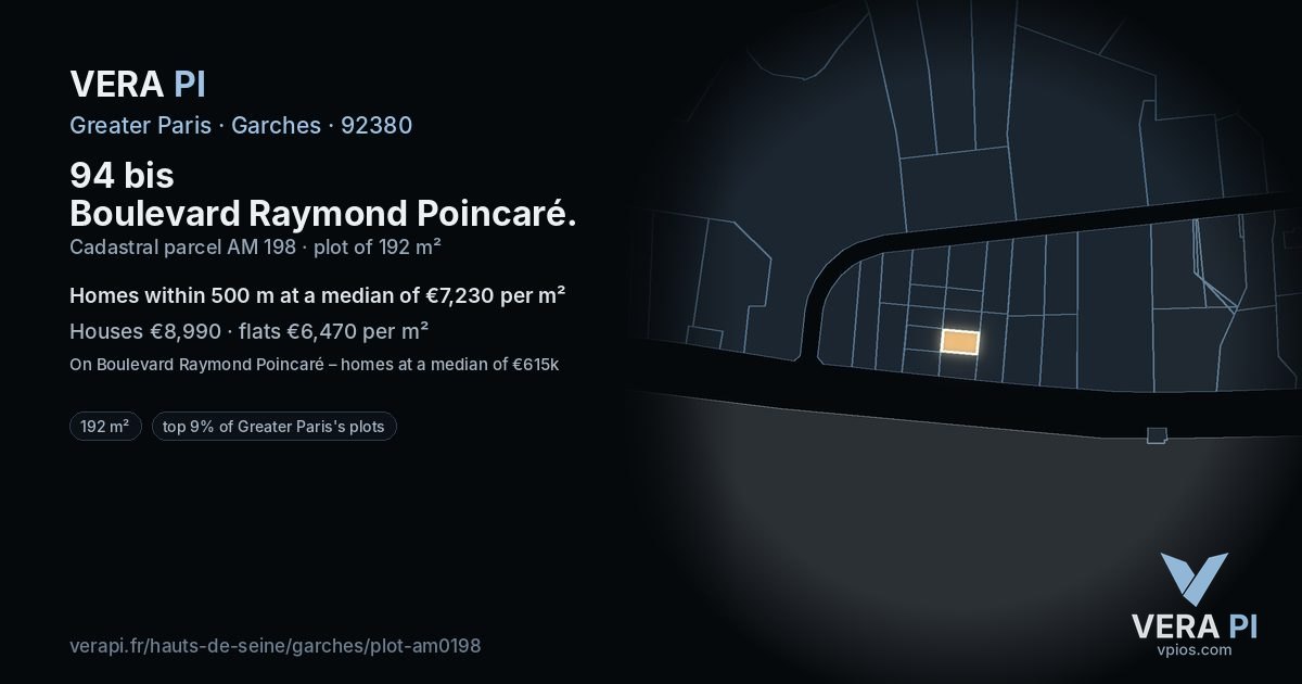94 bis Boulevard Raymond Poincaré, Garches at night – the plot lit, the parcels around coloured by the prices near them