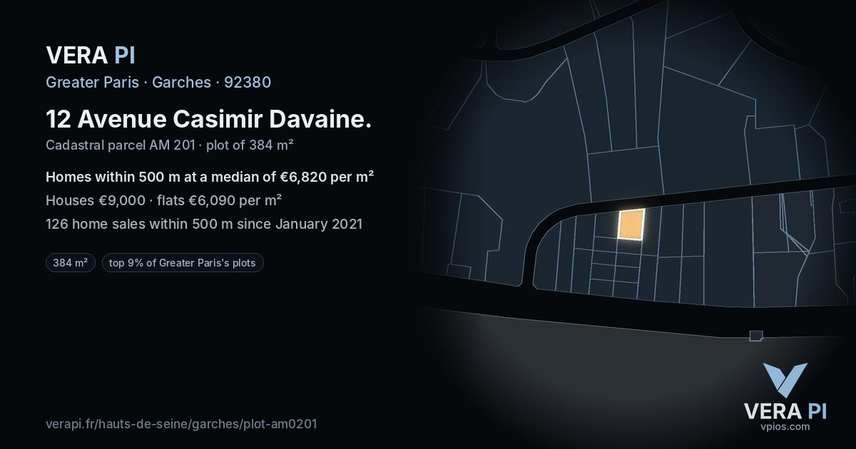 12 Avenue Casimir Davaine, Garches at night – the plot lit, the parcels around coloured by the prices near them