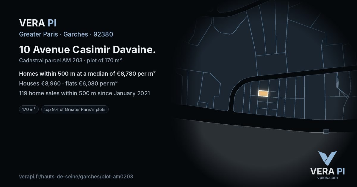 10 Avenue Casimir Davaine, Garches at night – the plot lit, the parcels around coloured by the prices near them