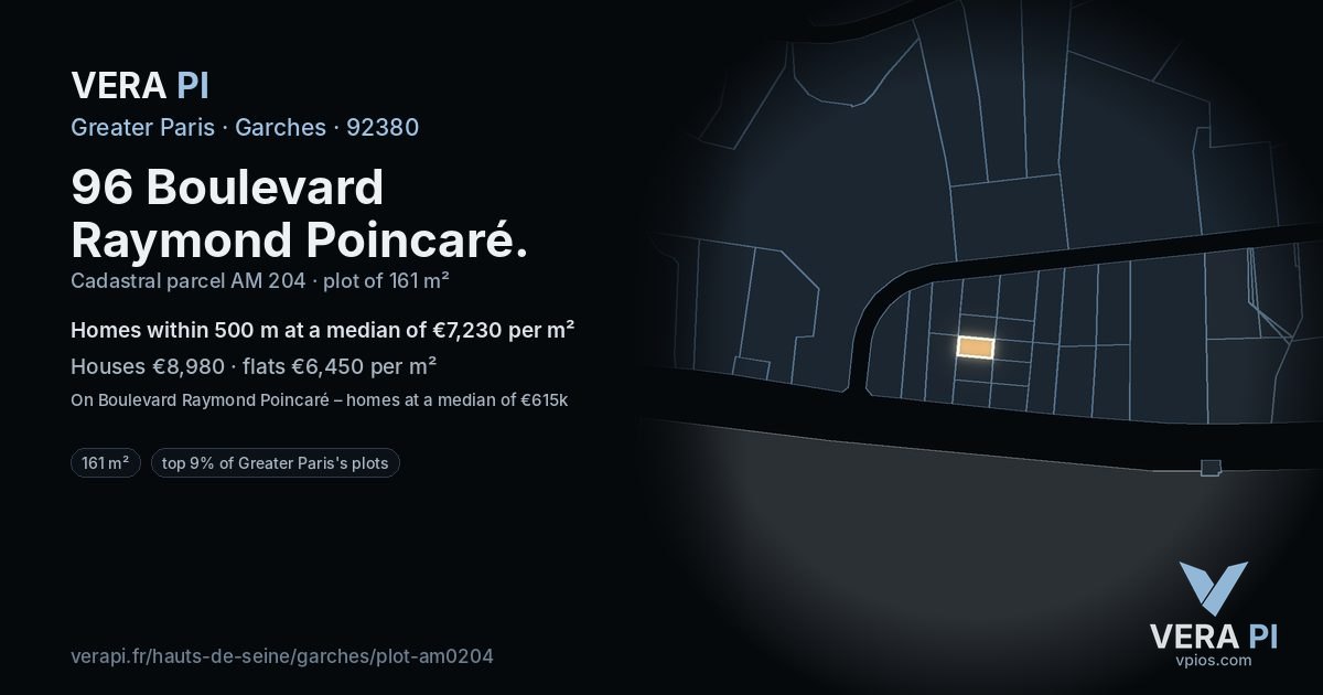96 Boulevard Raymond Poincaré, Garches at night – the plot lit, the parcels around coloured by the prices near them