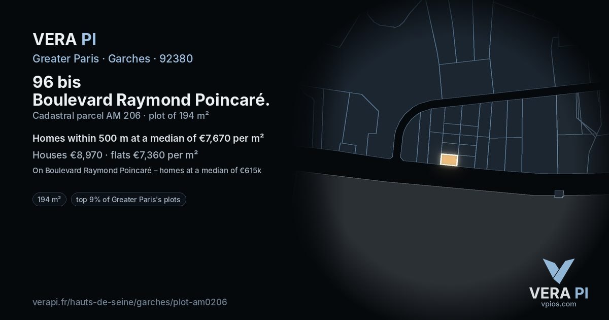 96 bis Boulevard Raymond Poincaré, Garches at night – the plot lit, the parcels around coloured by the prices near them