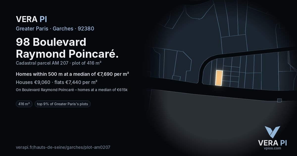 98 Boulevard Raymond Poincaré, Garches at night – the plot lit, the parcels around coloured by the prices near them