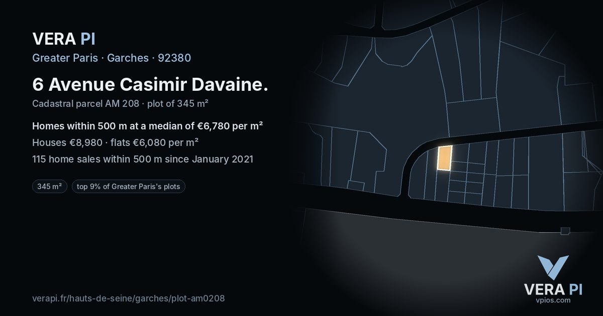 6 Avenue Casimir Davaine, Garches at night – the plot lit, the parcels around coloured by the prices near them
