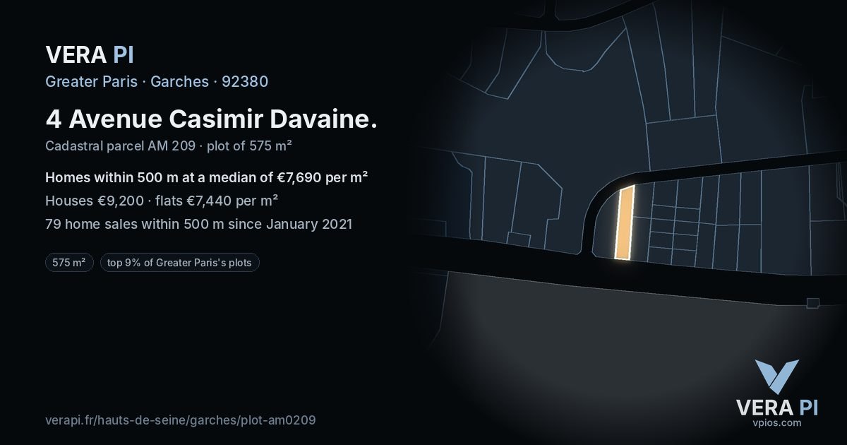 4 Avenue Casimir Davaine, Garches at night – the plot lit, the parcels around coloured by the prices near them