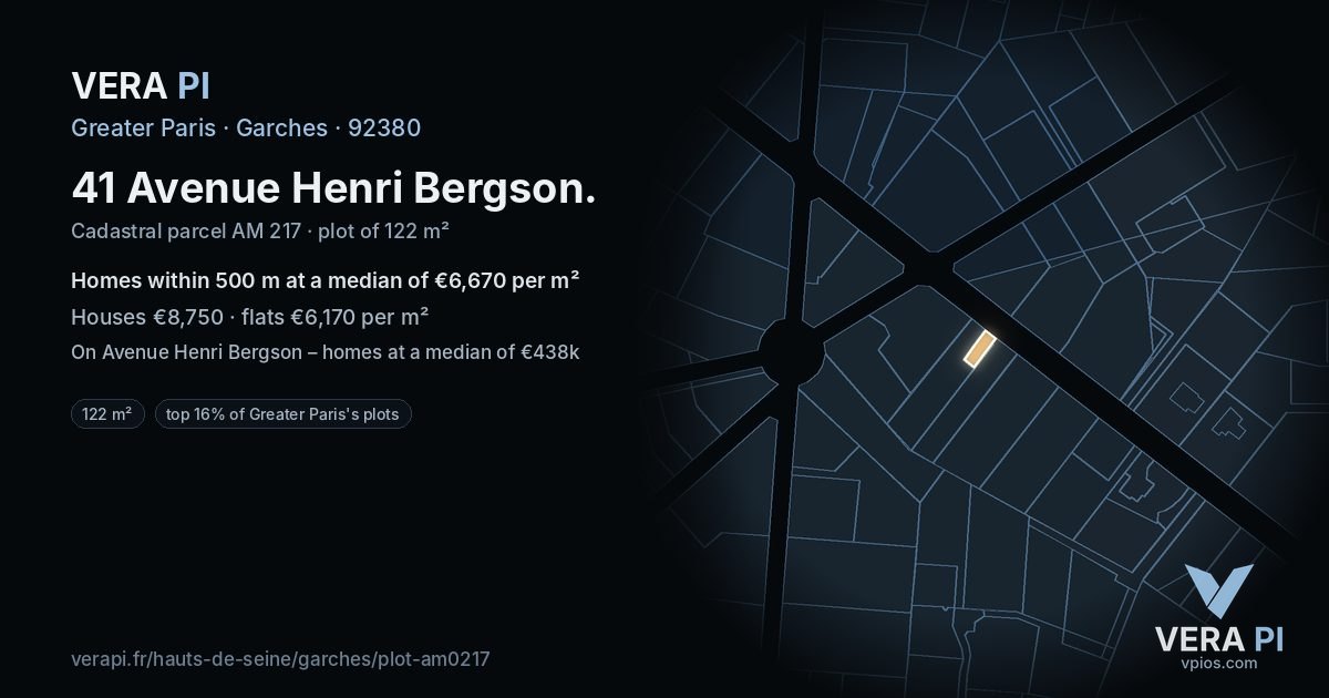 41 Avenue Henri Bergson, Garches at night – the plot lit, the parcels around coloured by the prices near them