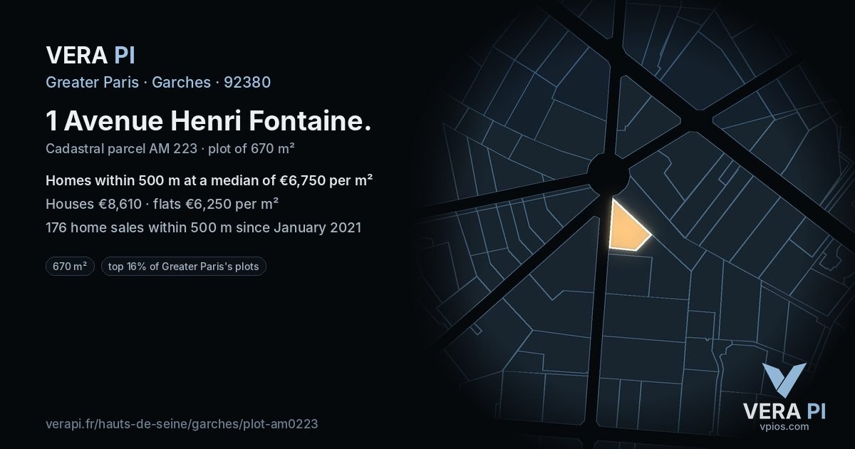 1 Avenue Henri Fontaine, Garches at night – the plot lit, the parcels around coloured by the prices near them