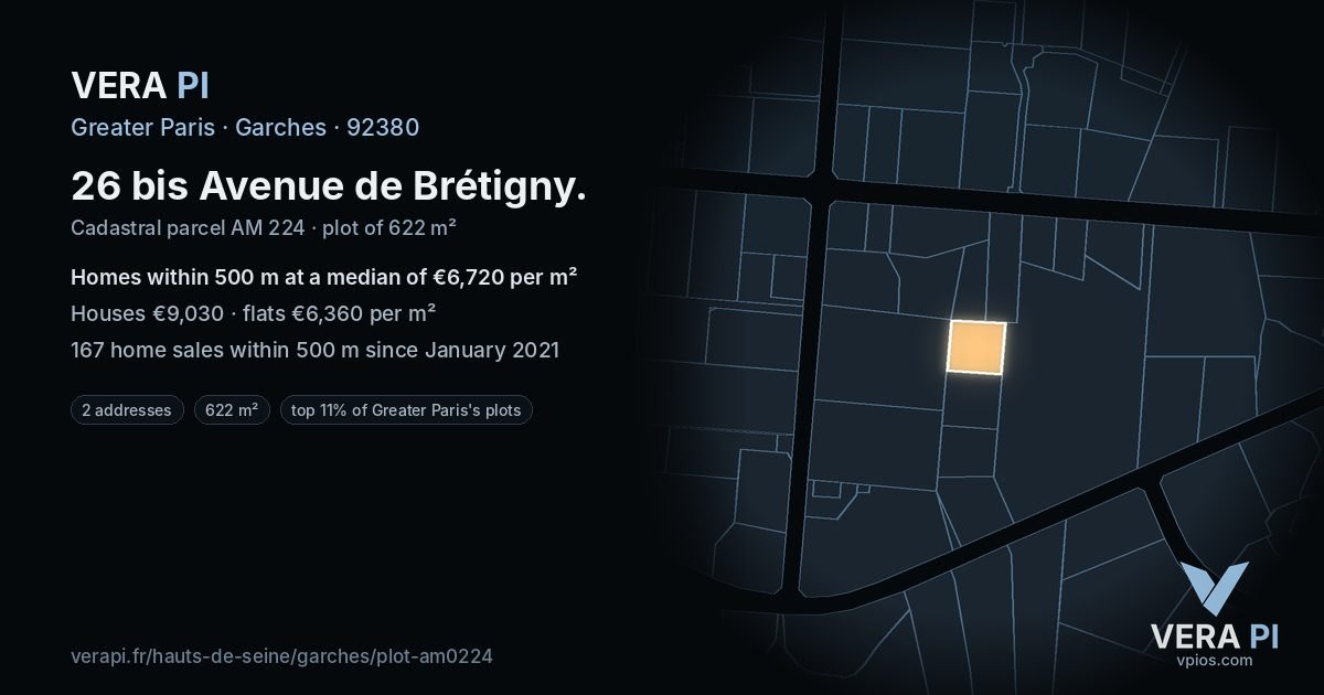 26 bis Avenue de Brétigny, Garches at night – the plot lit, the parcels around coloured by the prices near them