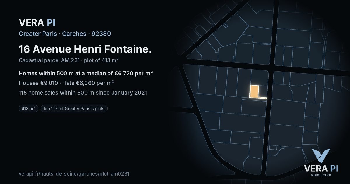 16 Avenue Henri Fontaine, Garches at night – the plot lit, the parcels around coloured by the prices near them