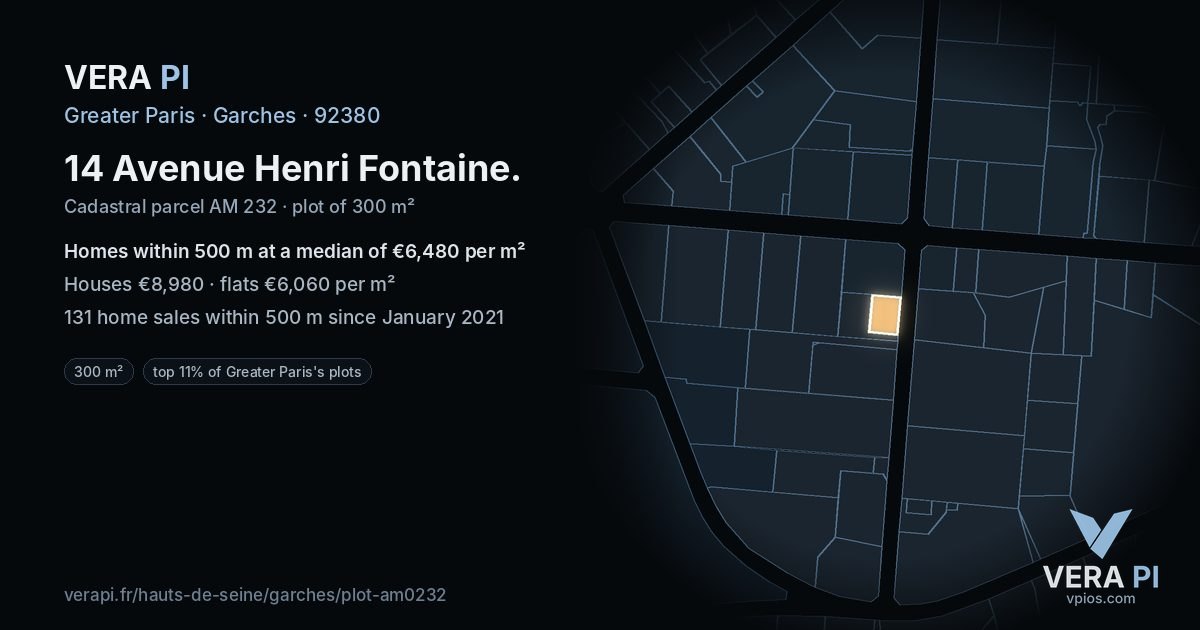 14 Avenue Henri Fontaine, Garches at night – the plot lit, the parcels around coloured by the prices near them
