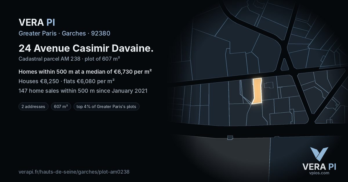 24 Avenue Casimir Davaine, Garches at night – the plot lit, the parcels around coloured by the prices near them