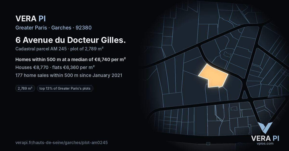 6 Avenue du Docteur Gilles, Garches at night – the plot lit, the parcels around coloured by the prices near them