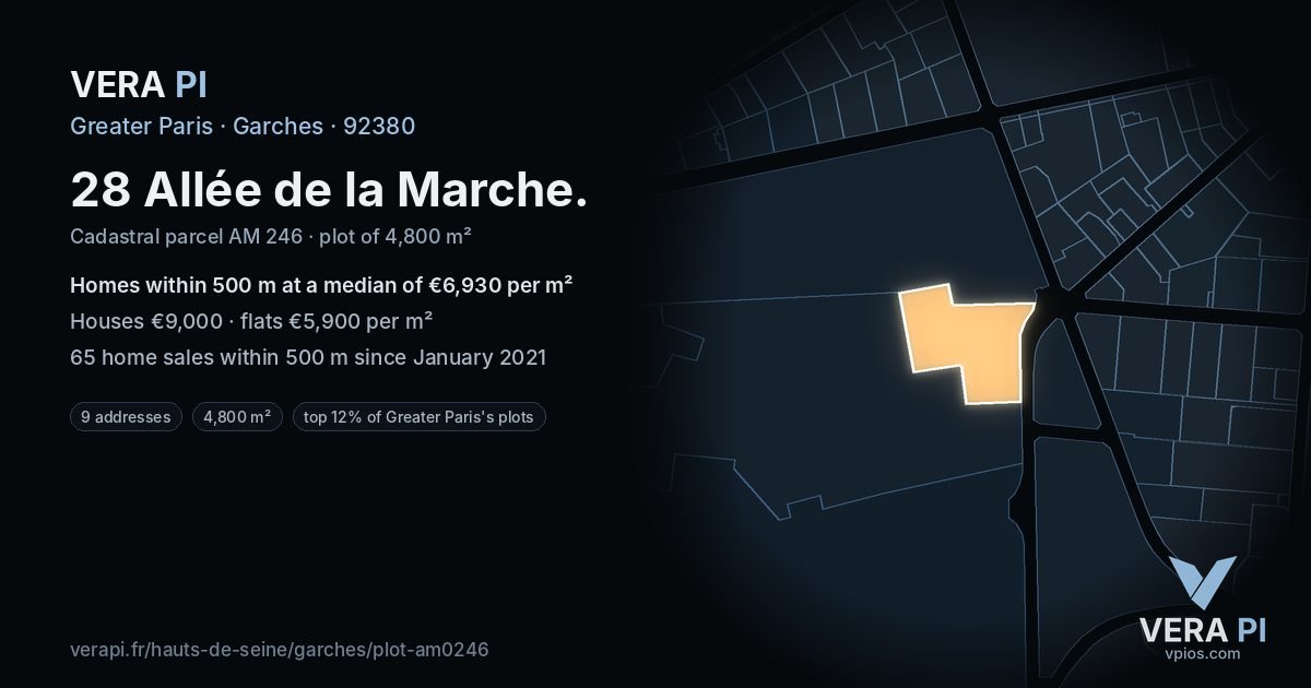 28 Allée de la Marche, Garches at night – the plot lit, the parcels around coloured by the prices near them