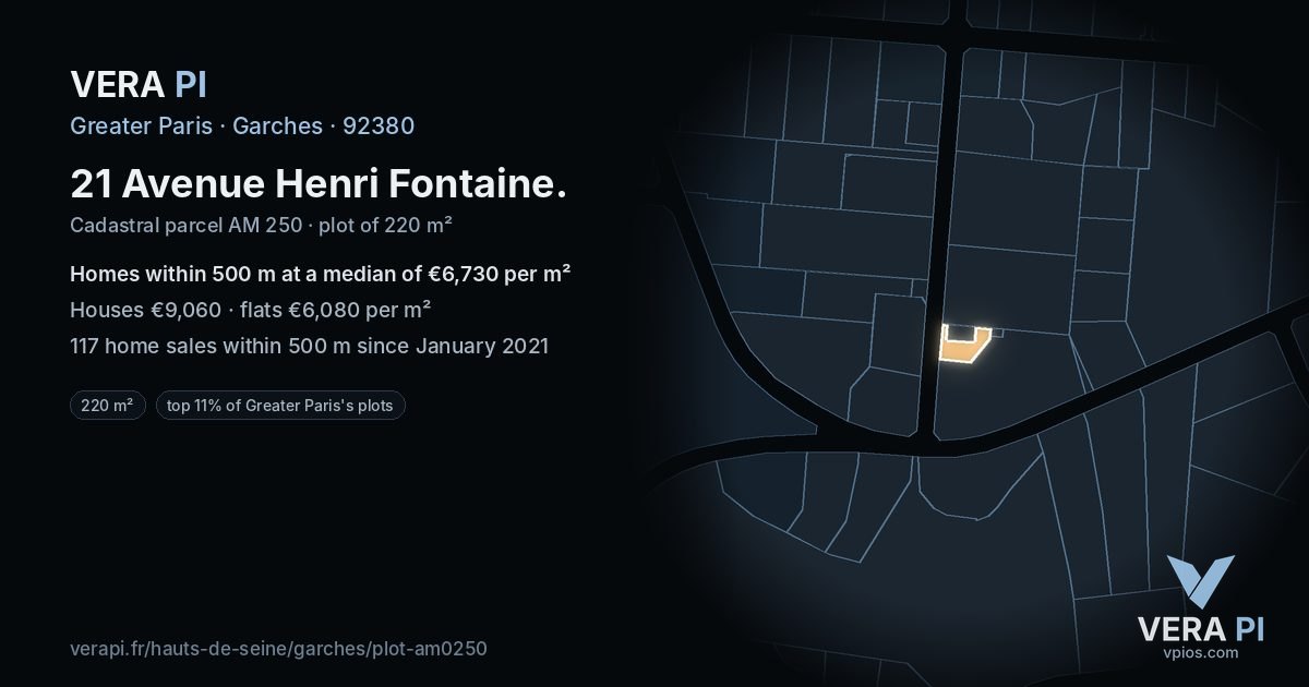 21 Avenue Henri Fontaine, Garches at night – the plot lit, the parcels around coloured by the prices near them