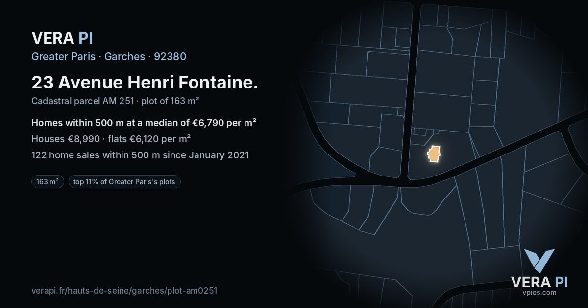 23 Avenue Henri Fontaine, Garches at night – the plot lit, the parcels around coloured by the prices near them