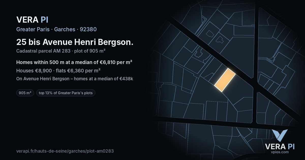25 bis Avenue Henri Bergson, Garches at night – the plot lit, the parcels around coloured by the prices near them