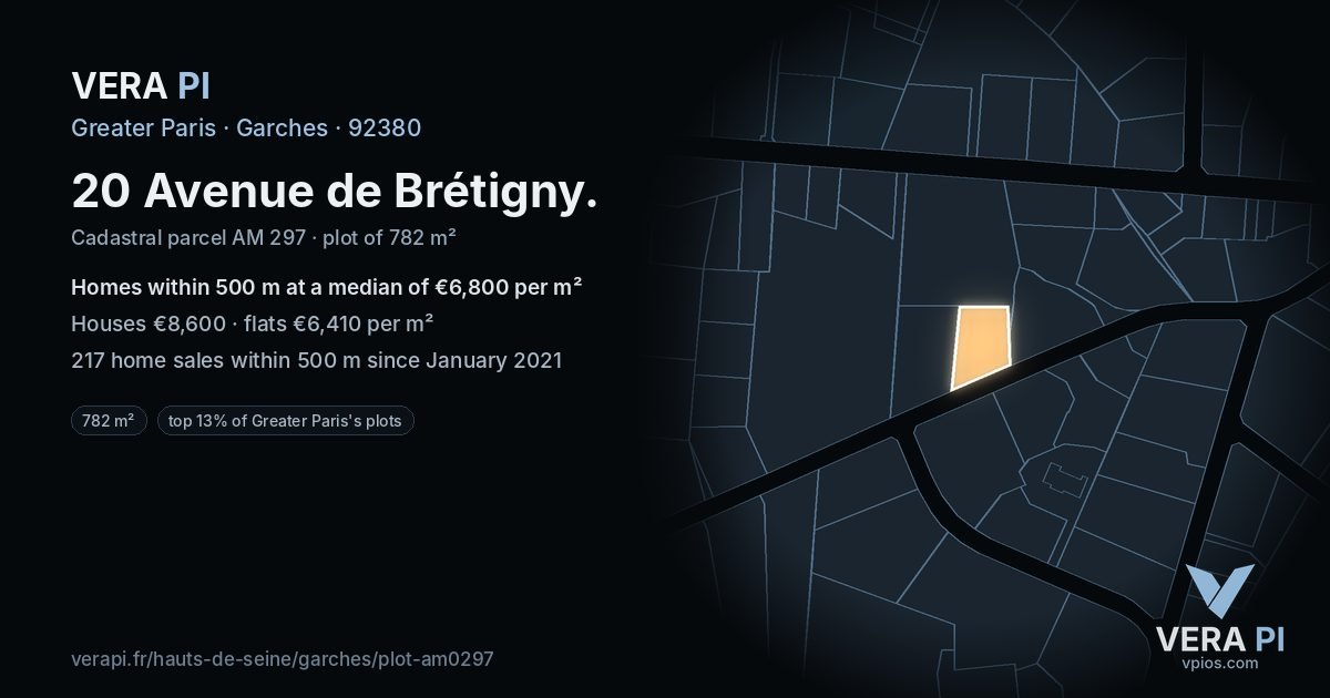 20 Avenue de Brétigny, Garches at night – the plot lit, the parcels around coloured by the prices near them