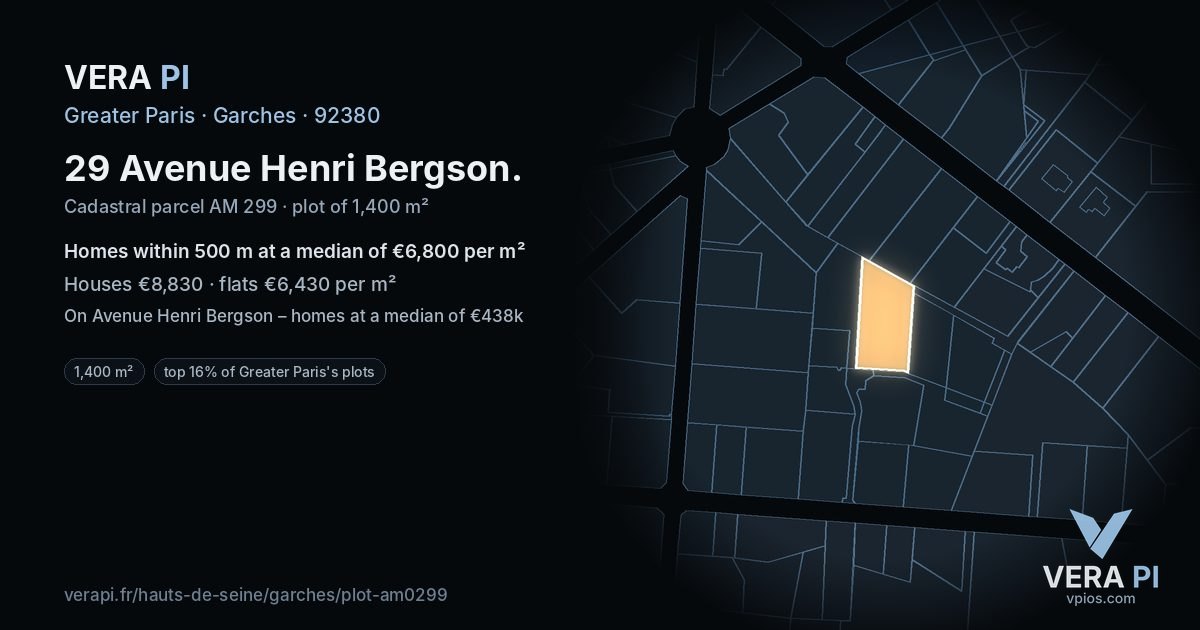 29 Avenue Henri Bergson, Garches at night – the plot lit, the parcels around coloured by the prices near them