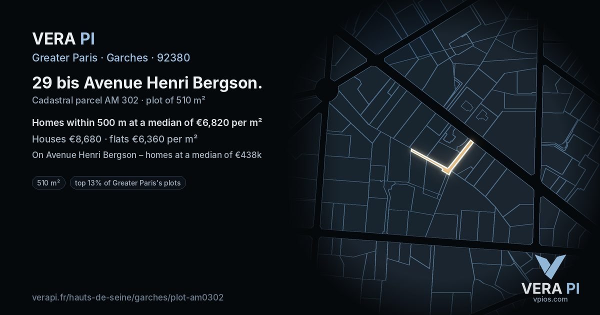 29 bis Avenue Henri Bergson, Garches at night – the plot lit, the parcels around coloured by the prices near them