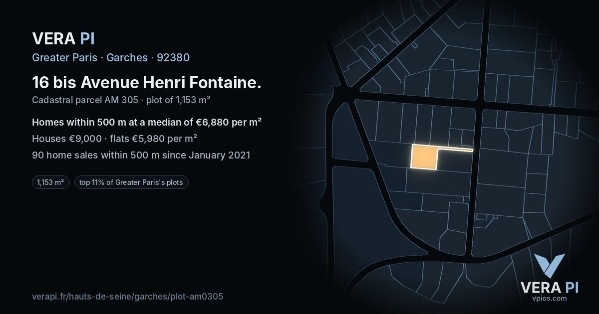 16 bis Avenue Henri Fontaine, Garches at night – the plot lit, the parcels around coloured by the prices near them