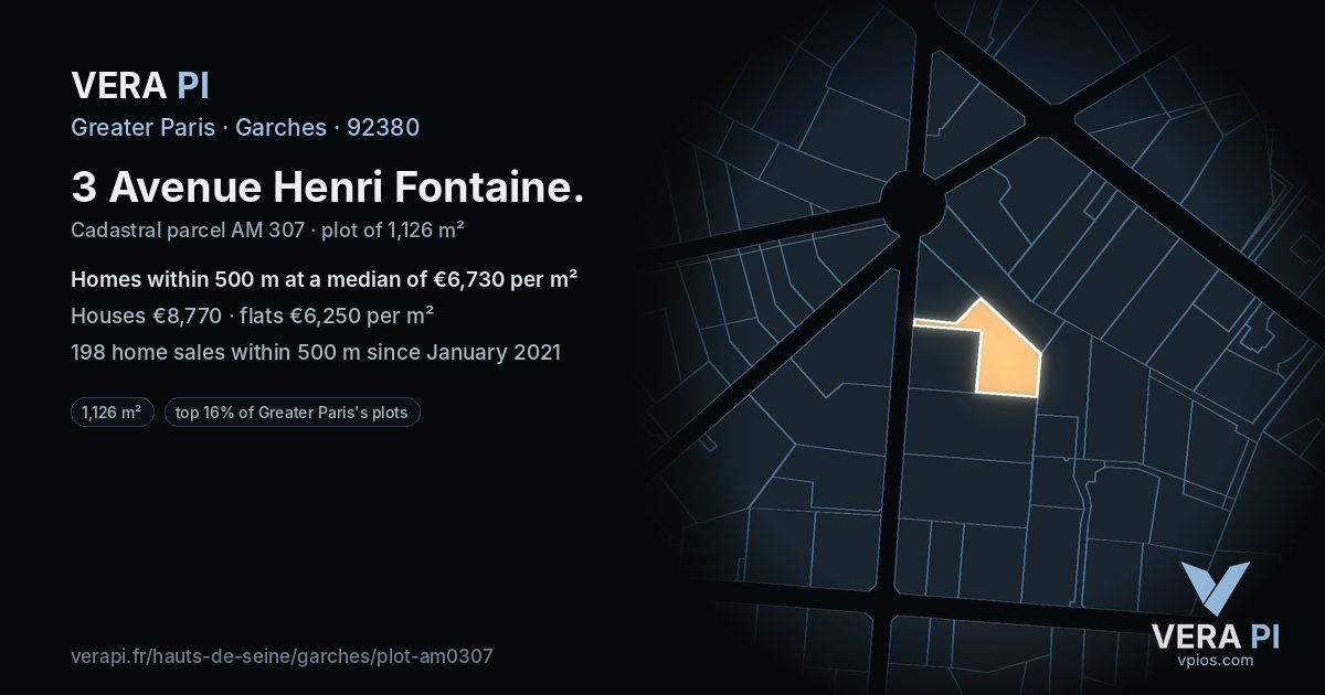 3 Avenue Henri Fontaine, Garches at night – the plot lit, the parcels around coloured by the prices near them