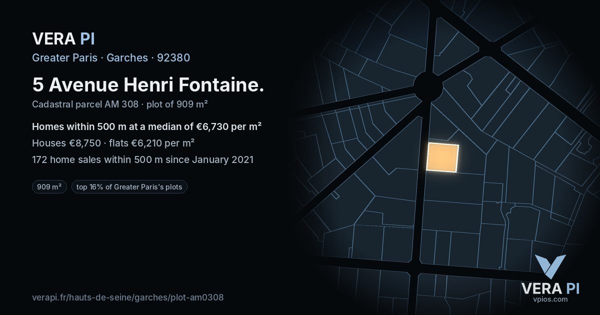 5 Avenue Henri Fontaine, Garches at night – the plot lit, the parcels around coloured by the prices near them