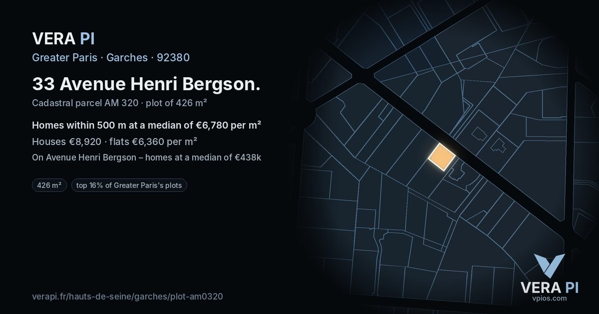 33 Avenue Henri Bergson, Garches at night – the plot lit, the parcels around coloured by the prices near them
