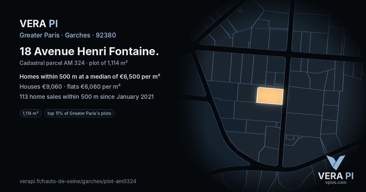 18 Avenue Henri Fontaine, Garches at night – the plot lit, the parcels around coloured by the prices near them