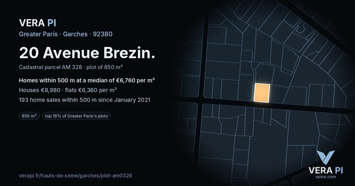 20 Avenue Brezin, Garches at night – the plot lit, the parcels around coloured by the prices near them