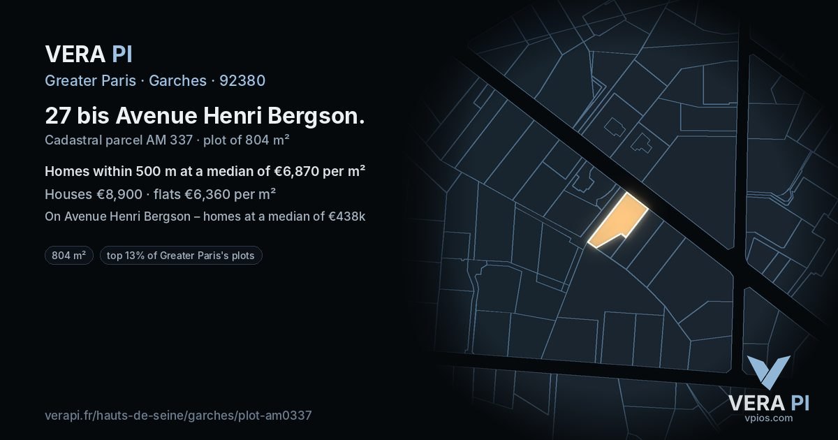 27 bis Avenue Henri Bergson, Garches at night – the plot lit, the parcels around coloured by the prices near them