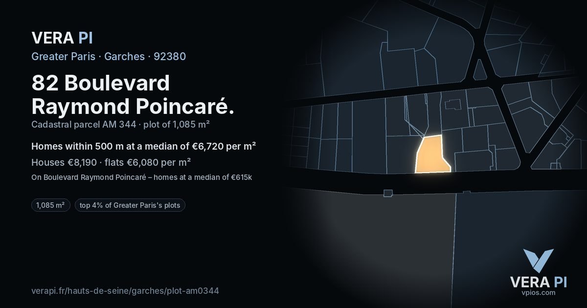 82 Boulevard Raymond Poincaré, Garches at night – the plot lit, the parcels around coloured by the prices near them