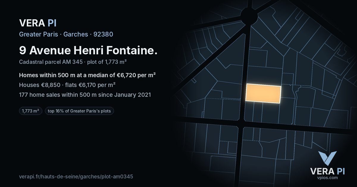 9 Avenue Henri Fontaine, Garches at night – the plot lit, the parcels around coloured by the prices near them