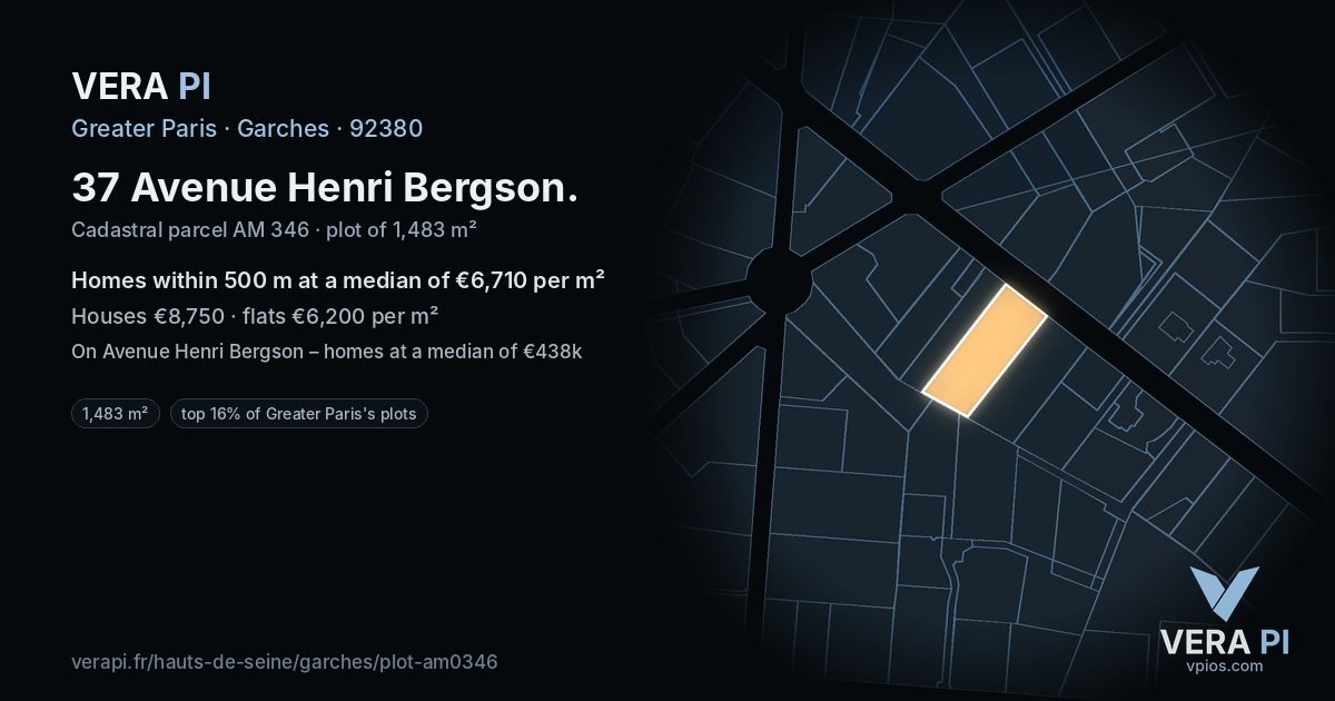 37 Avenue Henri Bergson, Garches at night – the plot lit, the parcels around coloured by the prices near them