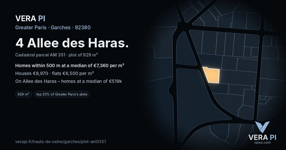 4 Allee des Haras, Garches at night – the plot lit, the parcels around coloured by the prices near them