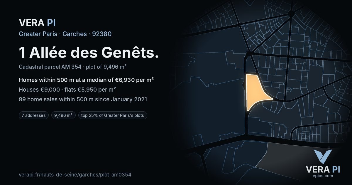 1 Allée des Genêts, Garches at night – the plot lit, the parcels around coloured by the prices near them
